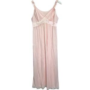 Vintage Shadowline Pink Maxi Nightgown Size M Strappy V Neck Lace Empire Waist
